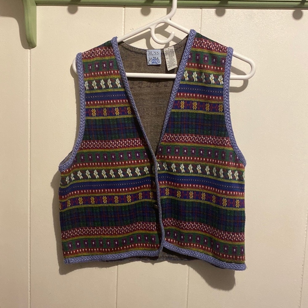 Vintage multi pattern sweater vest floral plaid fair isle colorful small seedesc